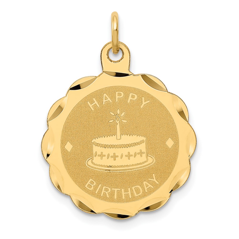 XAC762.jpg 14K HAPPY BIRTHDAY with Cake 19mm Engravable Disc Charm - Image 1