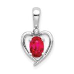 14k White Gold 6x4 Oval July/Ruby and Diamond Heart Pendant