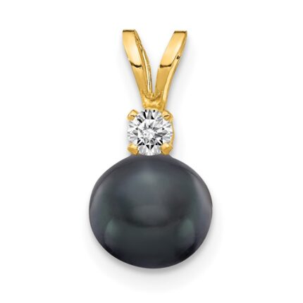 14k 6-7mm Black Round Freshwater Cultured Pearl and AA Diamond Pendant