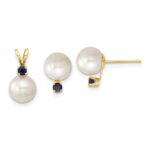 14k 7-8mm White Round Freshwater Cultured Pearl and .30SA Sapphire Post Earrings and Pendant Set