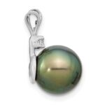 14k White Gold 10-11mm Round Black Tahitian Saltwater Cultured Pearl and  .05 Carat Diamond Pendant - Image 2