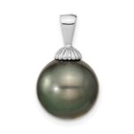 14k White Gold 11-12mm Black Round Tahitian Saltwater Cultured Pearl Pendant