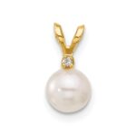 14k 5-6mm White Round Akoya Saltwater Cultured Pearl and .01 Carat Diamond Pendant