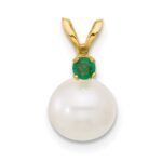 14k 7-7.5mm White Round Freshwater Cultured Pearl and .09EM Emerald Pendant
