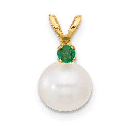 14k 7-7.5mm White Round Freshwater Cultured Pearl and .09EM Emerald Pendant