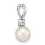 14k White Gold 6-7mm Round White Akoya Saltwater Cultured Pearl and .05 Carat Diamond Pendant - Image 2