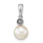 14k White Gold 6-7mm Round White Akoya Saltwater Cultured Pearl and .05 Carat Diamond Pendant - Image 4