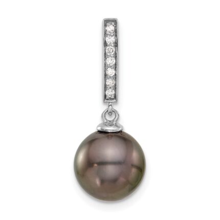 14k White Gold 10-11mm Black Round Tahitian Saltwater Cultured Pearl and .07 Carat Diamond Dangle Chain Slide