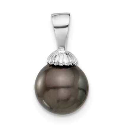 14K White Gold 8-9mm Round Black Tahitian Saltwater Cultured Pearl Pendant