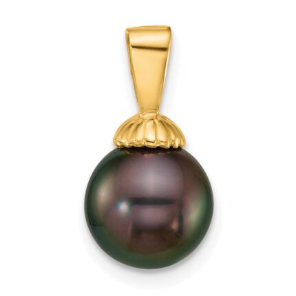 14k Polished 8-9mm Round Black Tahitian Saltwater Cultured Pearl Pendant