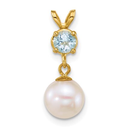 14k Polished 7-8mm Round White Freshwater Cultured Pearl Dangle and Blue Topaz Pendant