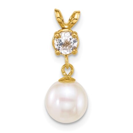 14k Polished 7-8mm Round White Freshwater Cultured Pearl Dangle and White Topaz Pendant
