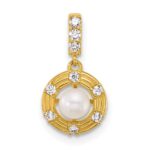14k Polished and Grooved White Freshwater Cultured Pearl and CZ Circle Pendant