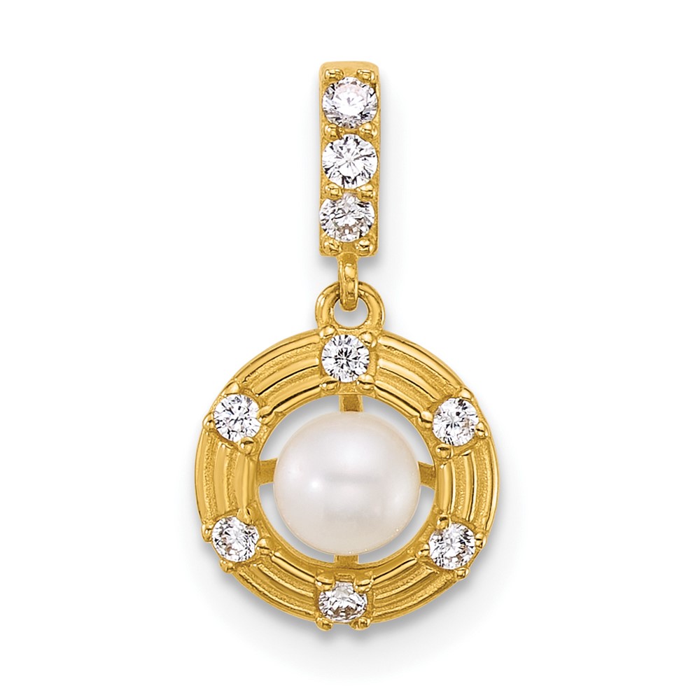 XF880.jpg 14k Polished and Grooved White Freshwater Cultured Pearl and CZ Circle Pendant - Image 1