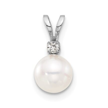 14k White Gold 6-7mm White Round Akoya Saltwater Pearl and .03 Carat Diamond Pendant