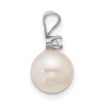 14k White Gold 7-8mm White Round Akoya Saltwater Cultured Pearl and .05 Carat Diamond Pendant - Image 2
