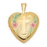 14k Pink and Green Enamel Floral Cross 16mm Heart Locket