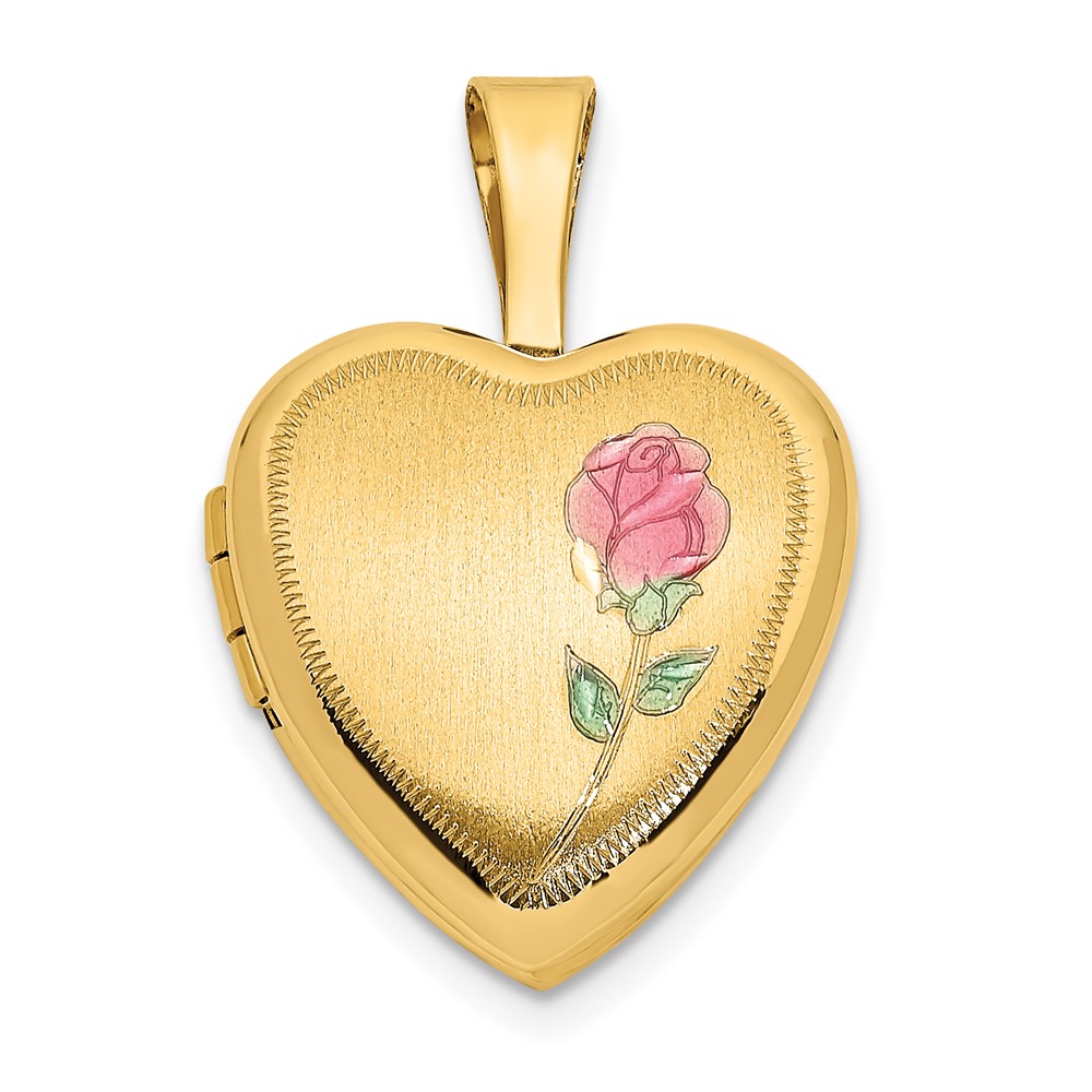 XL798.jpg 14k Satin with Pink and Green Enamel Rose 12mm Heart Locket - Image 1