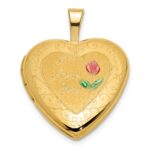 14K Polished and Satin Pink and Green Enamel Rose I LOVE YOU Script 16mm Heart Locket