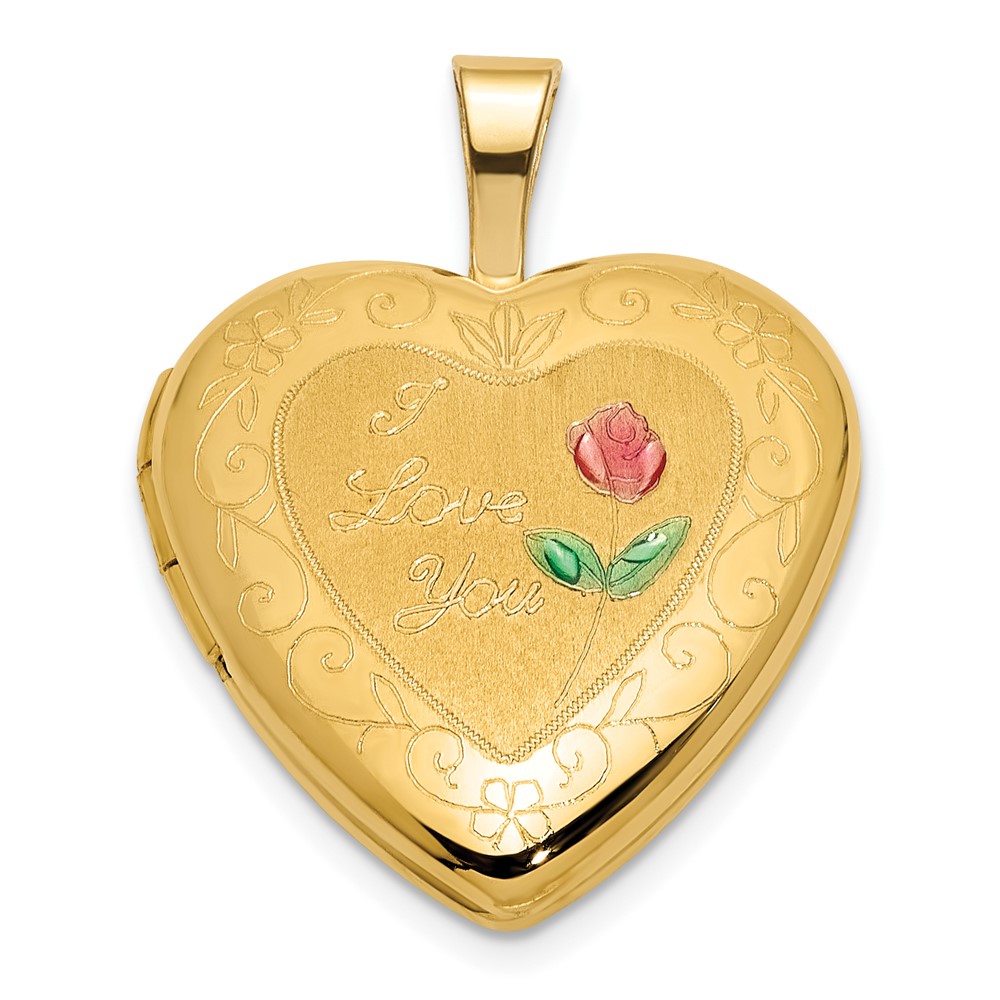 XL849.jpg 14K Polished and Satin Pink and Green Enamel Rose I LOVE YOU Script 16mm Heart Locket - Image 1