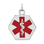 14k White Gold 22.5mm Hexagon Red Enameled Medical Jewelry Pendant