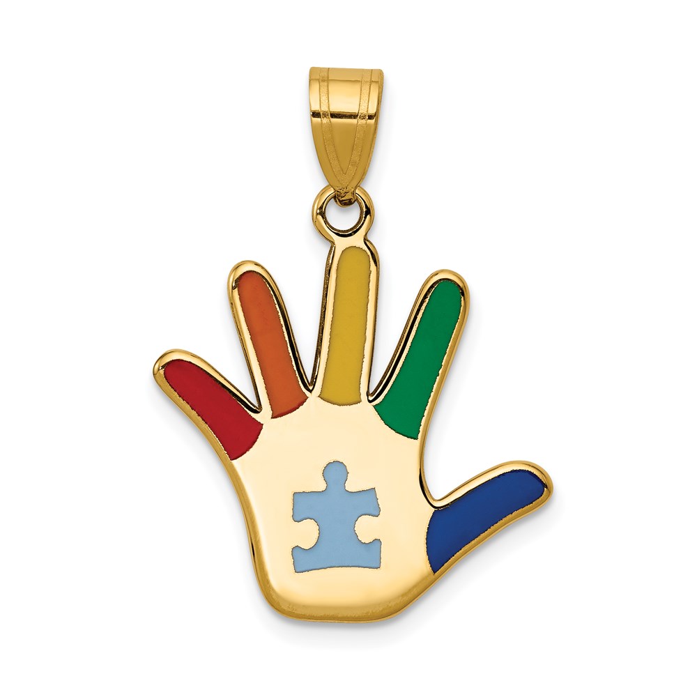 XM632.jpg 14k Enameled Autism with Puzzle Piece Handprint Pendant - Image 1