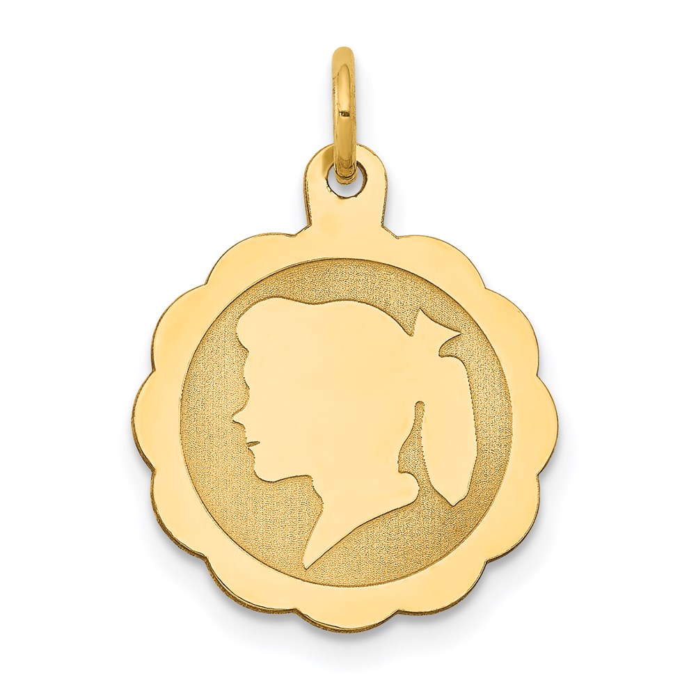 XM84-3.jpg 14k Girl Head on .018 Gauge Engravable Scalloped 17x15mm Disc Charm - Image 1