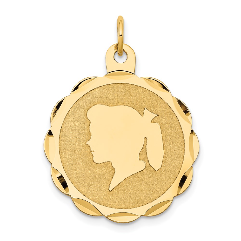 XM86.jpg 14k Girl Head on .011 Gauge Engravable Scalloped 25x22mm Disc Charm - Image 1
