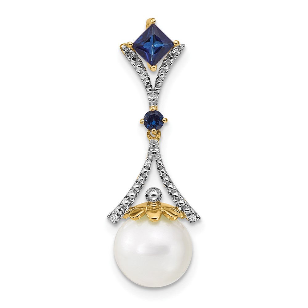 XP4168.jpg 14k 8-9mm Round White Freshwater Cultured Pearl/Lab Created Sapphire/Diamond Chain Slide - Image 1