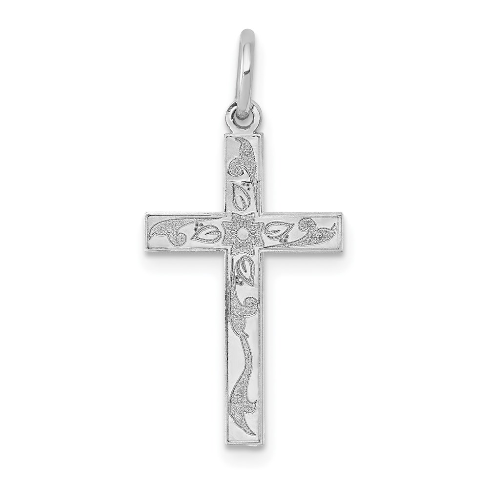 XR1201.jpg 14K White Gold Laser Designed Floral Cross Charm - Image 1