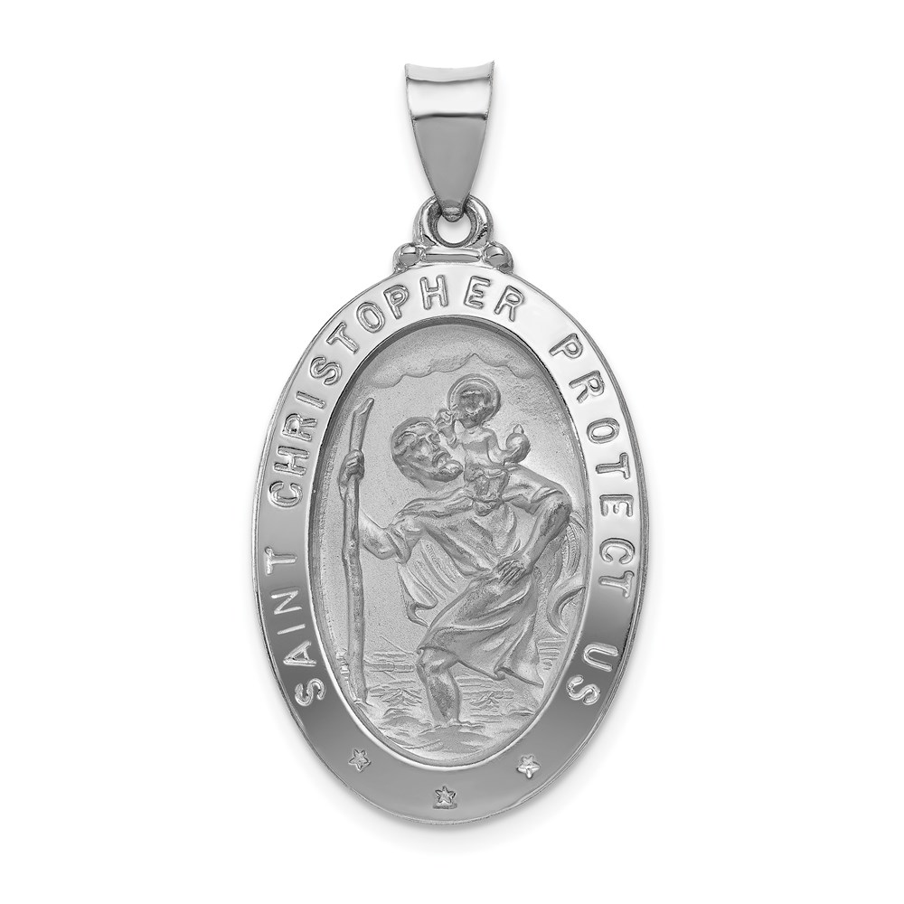 XR1307.jpg 14k White Gold Polished and Satin Hollow St Christopher Medal Oval Pendant - Image 1