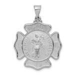 14k White Gold Polished and Satin Hollow St Florian Badge F.D. Medal Pendant
