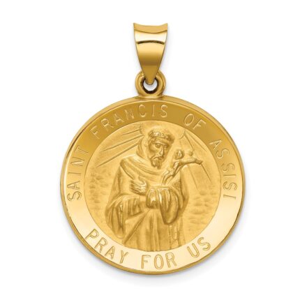 14k Polished and Satin Hollow St Francis of Assisi Medal Round Pendant