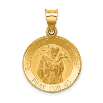 14k Polished and Satin Hollow St Francis of Assisi Medal Round Pendant