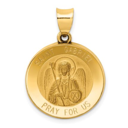 14k Polished and Satin Hollow St Gabriel Medal Round Pendant