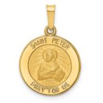 14k Polished and Satin Hollow Saint Peter Medal Round Pendant