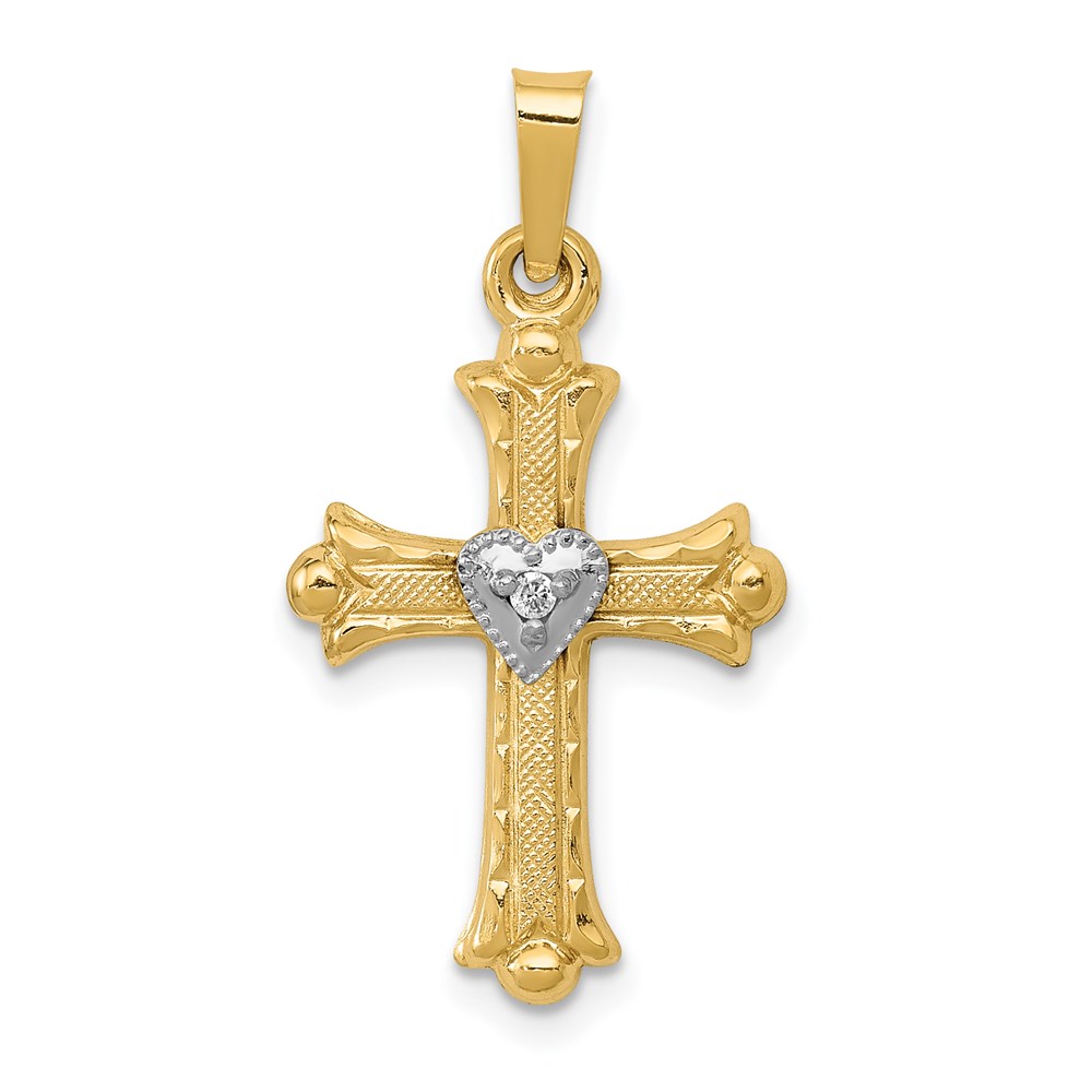 XR1464.jpg 14K and White Rhodium Diamond Fleur De Lis Cross with Heart Pendant - Image 1