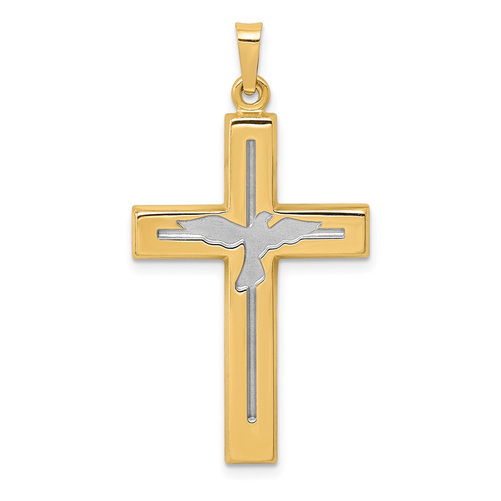 XR1625.jpg 14K and White Rhodium Polished and Satin Cross with Dove Pendant - Image 1