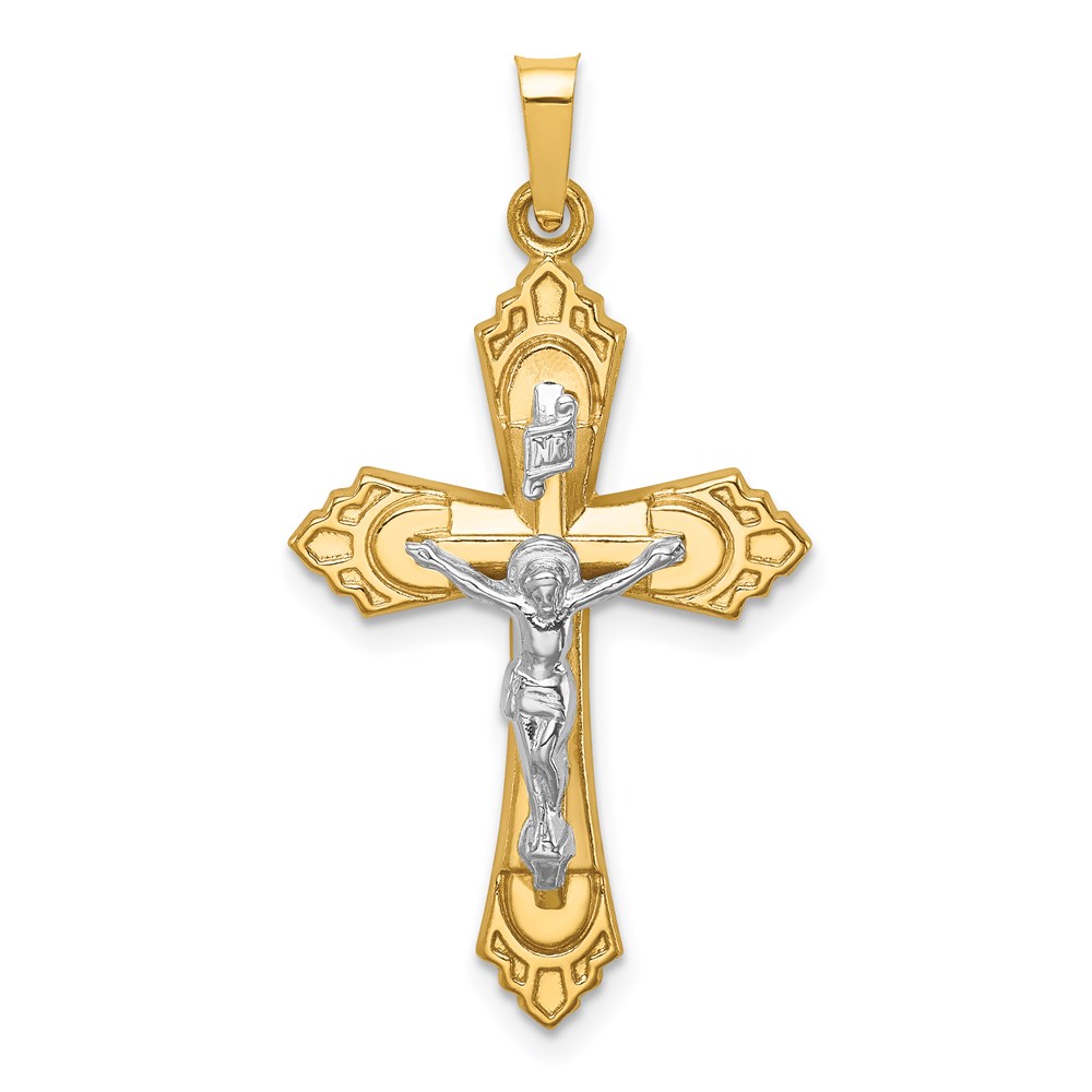 XR1729.jpg 14k Two-tone Hollow Polished Fleur de Lis Crucifix Pendant - Image 1