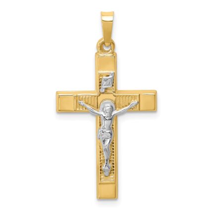 14k Two-tone Hollow Polished Textured Latin Crucifix