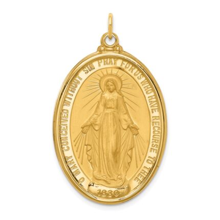 14k Polished and Satin Solid Extra Large Miraculous Medal Oval Pendant