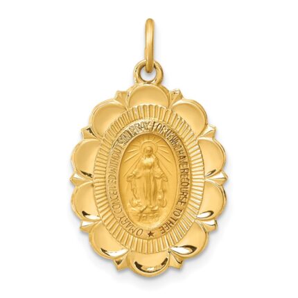 14k Polished and Satin Solid Miraculous Medal Scalloped Edge Oval Pendant