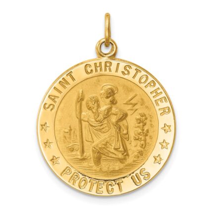 14k Polished and Satin Medium Solid  Round St. Christopher Medal Pendant