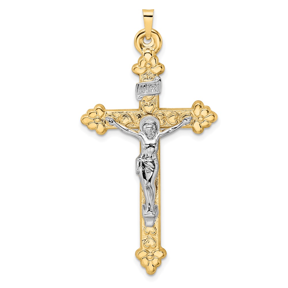 XR1883.jpg 14k Two-tone Polished Hollow INRI Budded Crucifix Pendant - Image 1