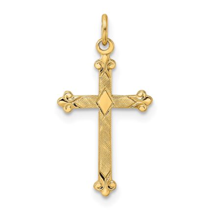 14k Polished and Textured Solid Diamond Shape Center Cross Pendant