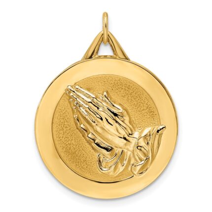 14k Polished and Satin Solid Reversible Praying Hands and Serenity Prayer Disc Pendant