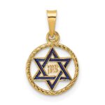 14k Polished Solid Blue Enameled Star of David in Circle Frame Pendant