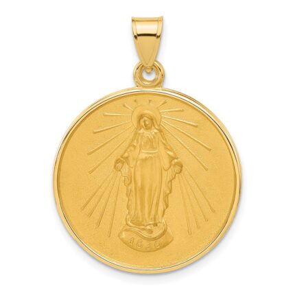 14k Polished and Satin Solid Miraculous Medal Plain Back Round Pendant