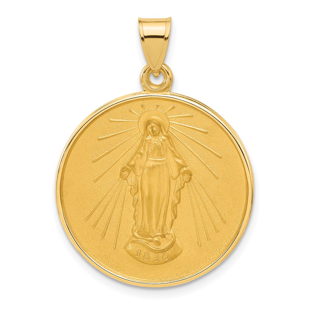 XR2110.jpg 14k Polished and Satin Solid Miraculous Medal Plain Back Round Pendant - Image 1