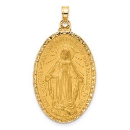 14k Polished and Satin Solid Miraculous Medal Oval Pendant